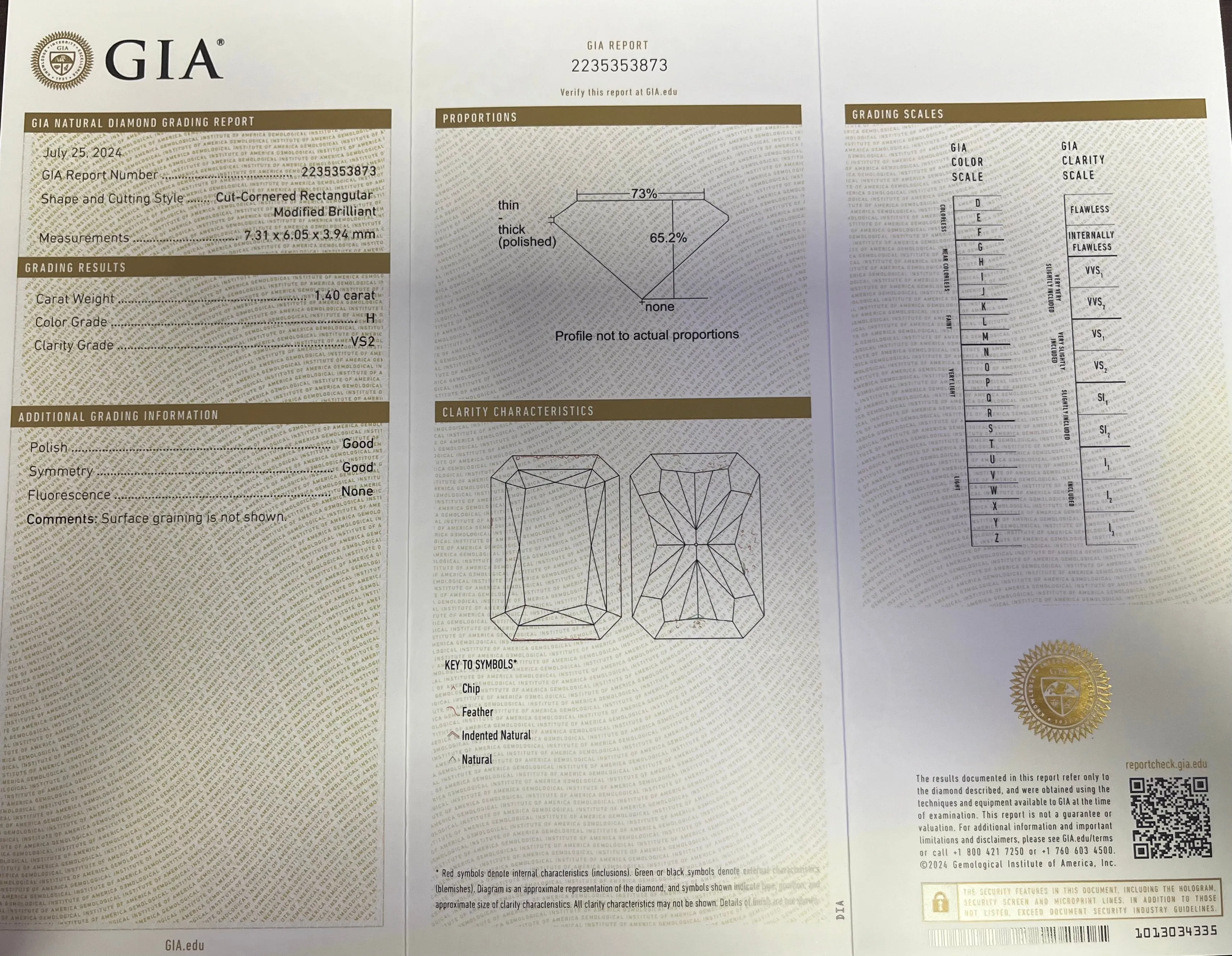 14K WHITE GOLD 1.40CT H VS2 RADIANT DIAMOND ALONG THE SIDE .75CT F VS2 TRILLON DIAMOND CERTIFIED BY GIA #2235353873