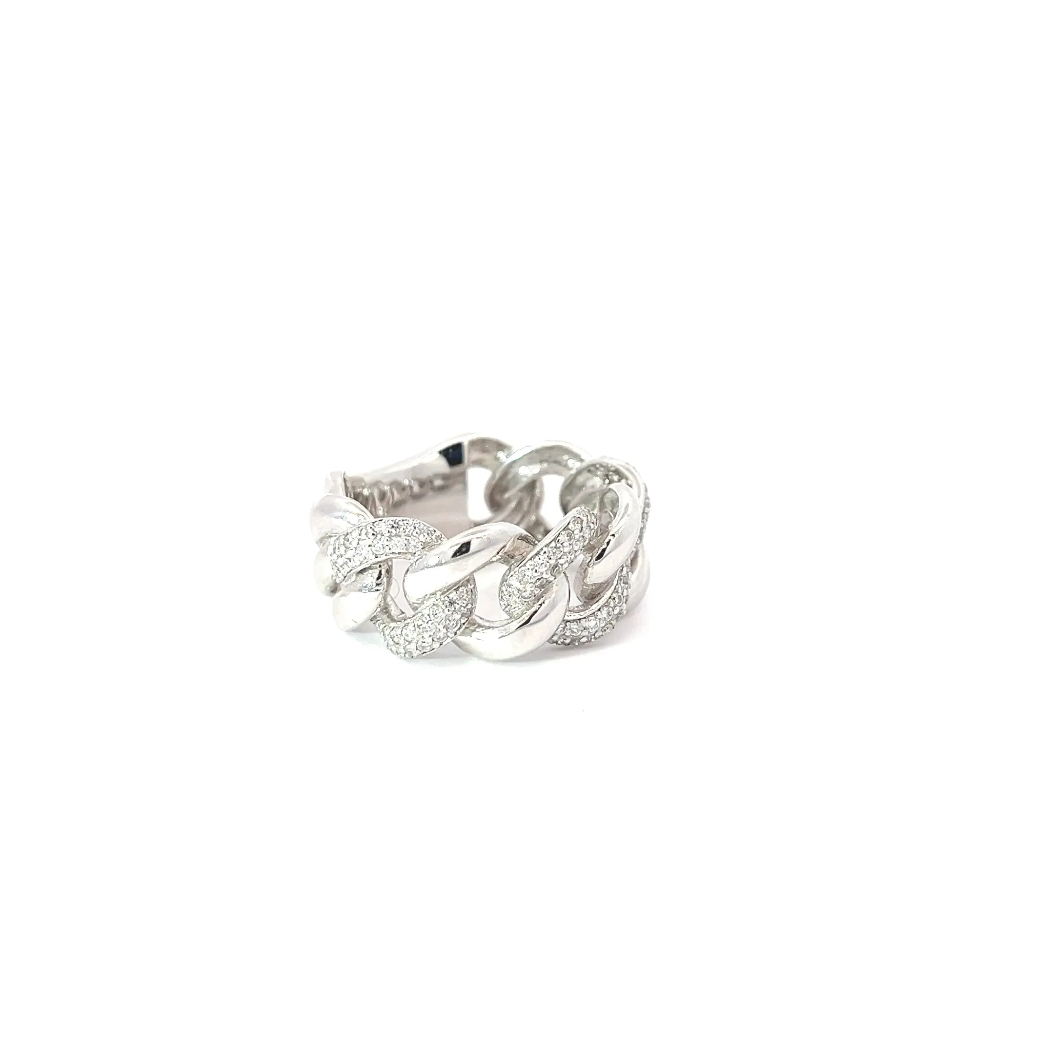 14k White Gold .70ct G VS2 Round Diamond Pave Alternately Cuban Ring