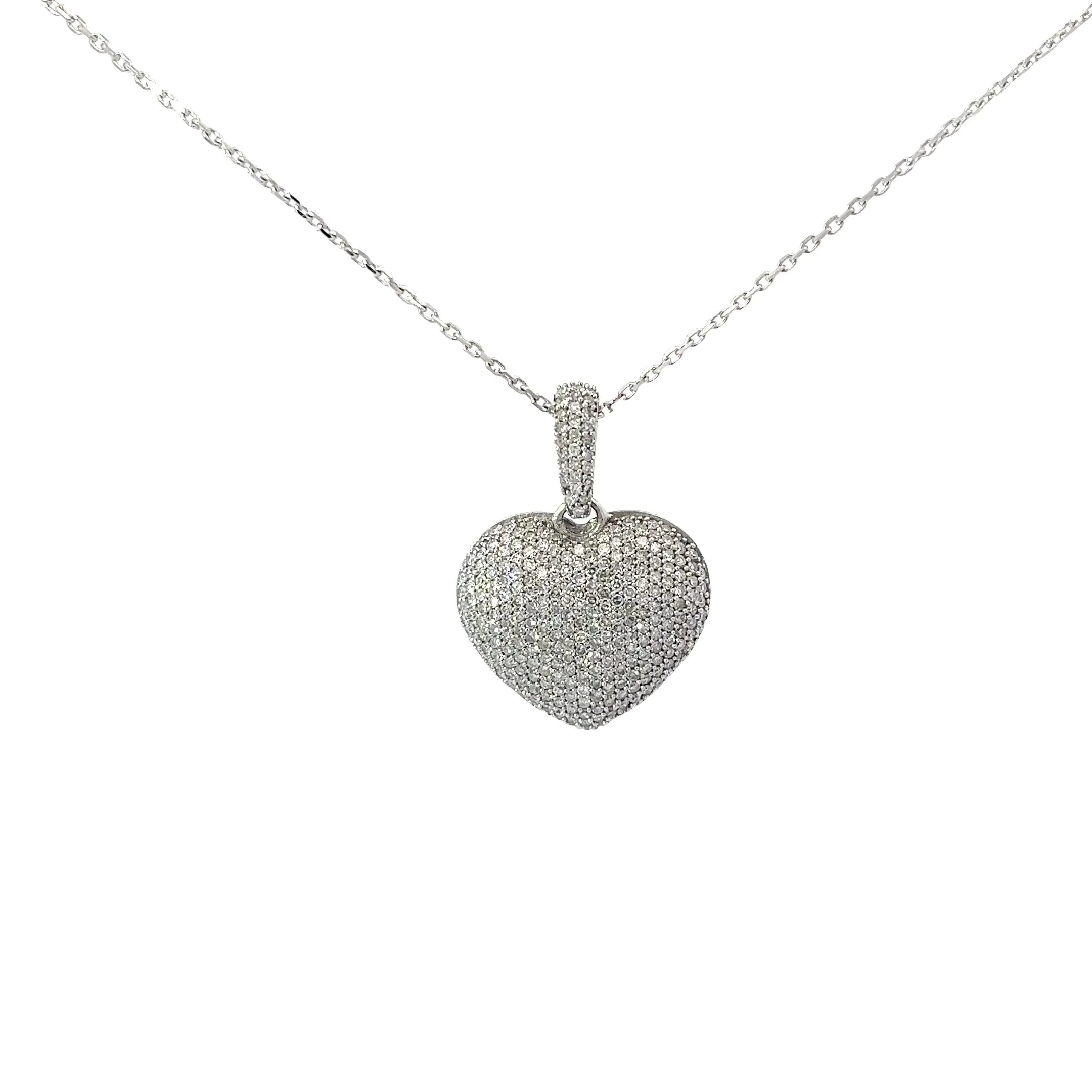 14k White Gold .75ct H SI1 Round Diamond  Puffed Pave Heart Necklace