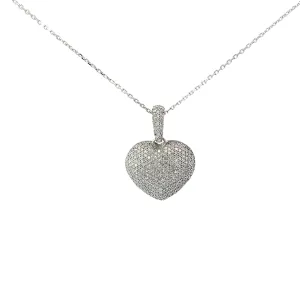 14k White Gold .75ct H SI1 Round Diamond  Puffed Pave Heart Necklace