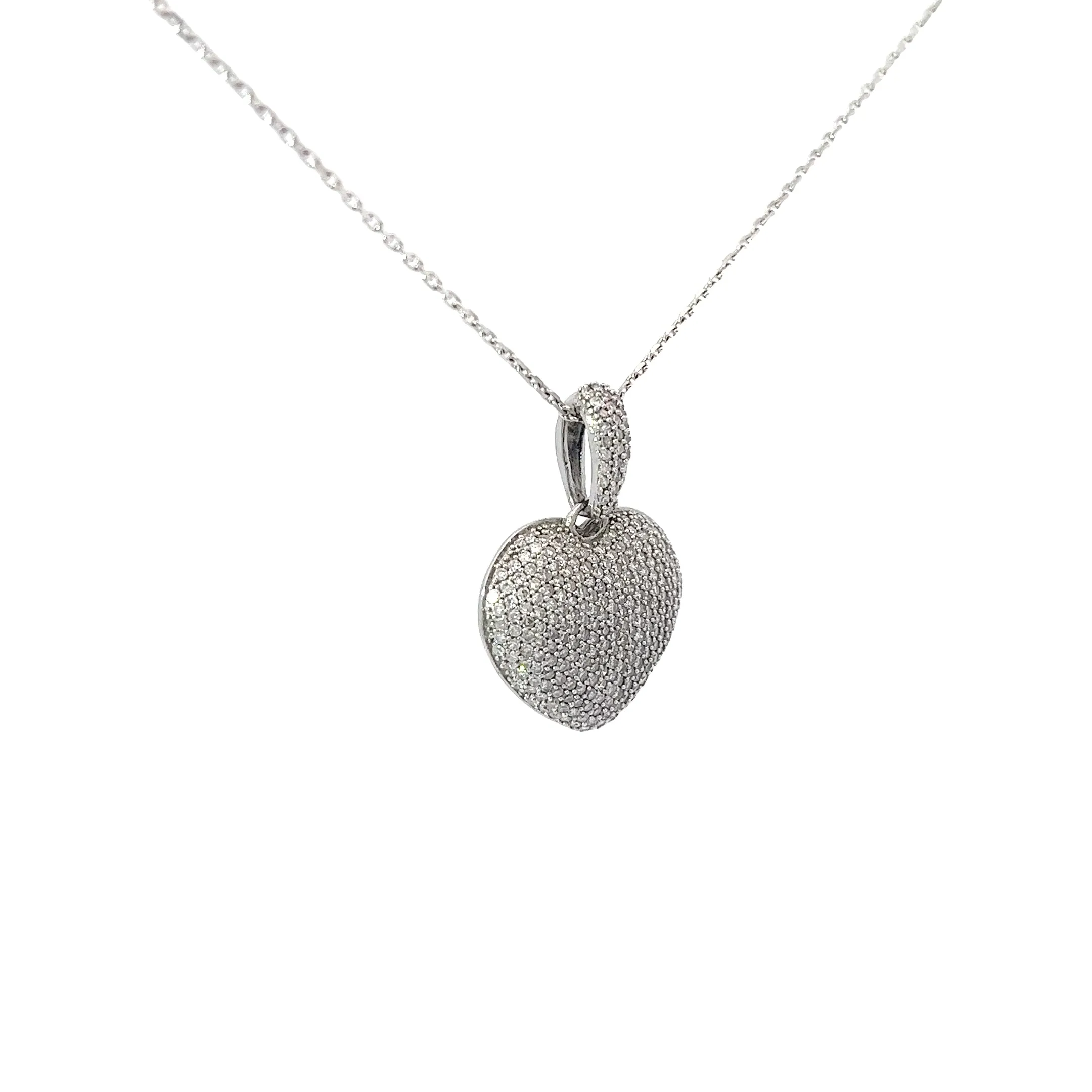 14k White Gold .75ct H SI1 Round Diamond  Puffed Pave Heart Necklace