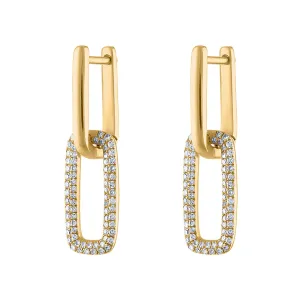 14KT GOLD HUGGIE WITH SMALL DIAMOND RECTANGLE LINK EARRING