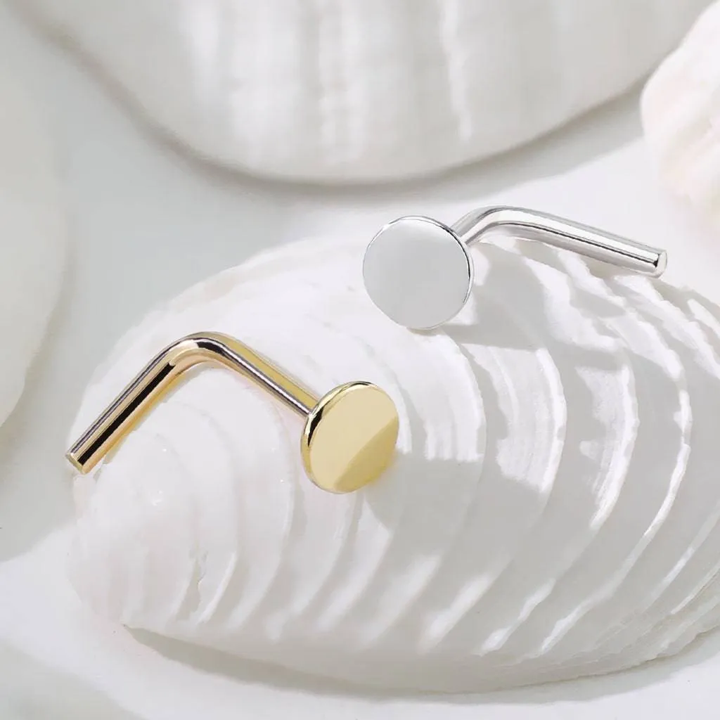 14KT Solid Yellow Gold 3mm Flat Disc Top L Shape Nose Ring Stud