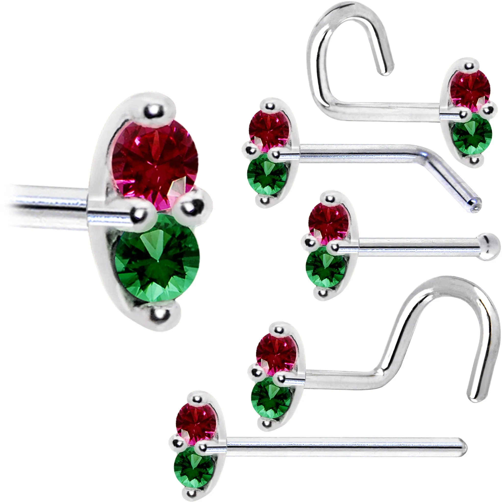 14kt White Gold Red Green 1.5mm CZ Marquise Nose Ring
