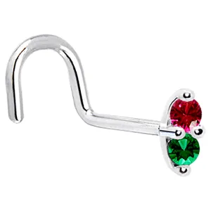 14kt White Gold Red Green 1.5mm CZ Marquise Nose Ring
