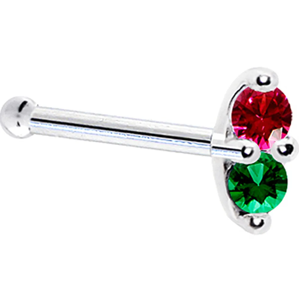 14kt White Gold Red Green 1.5mm CZ Marquise Nose Ring