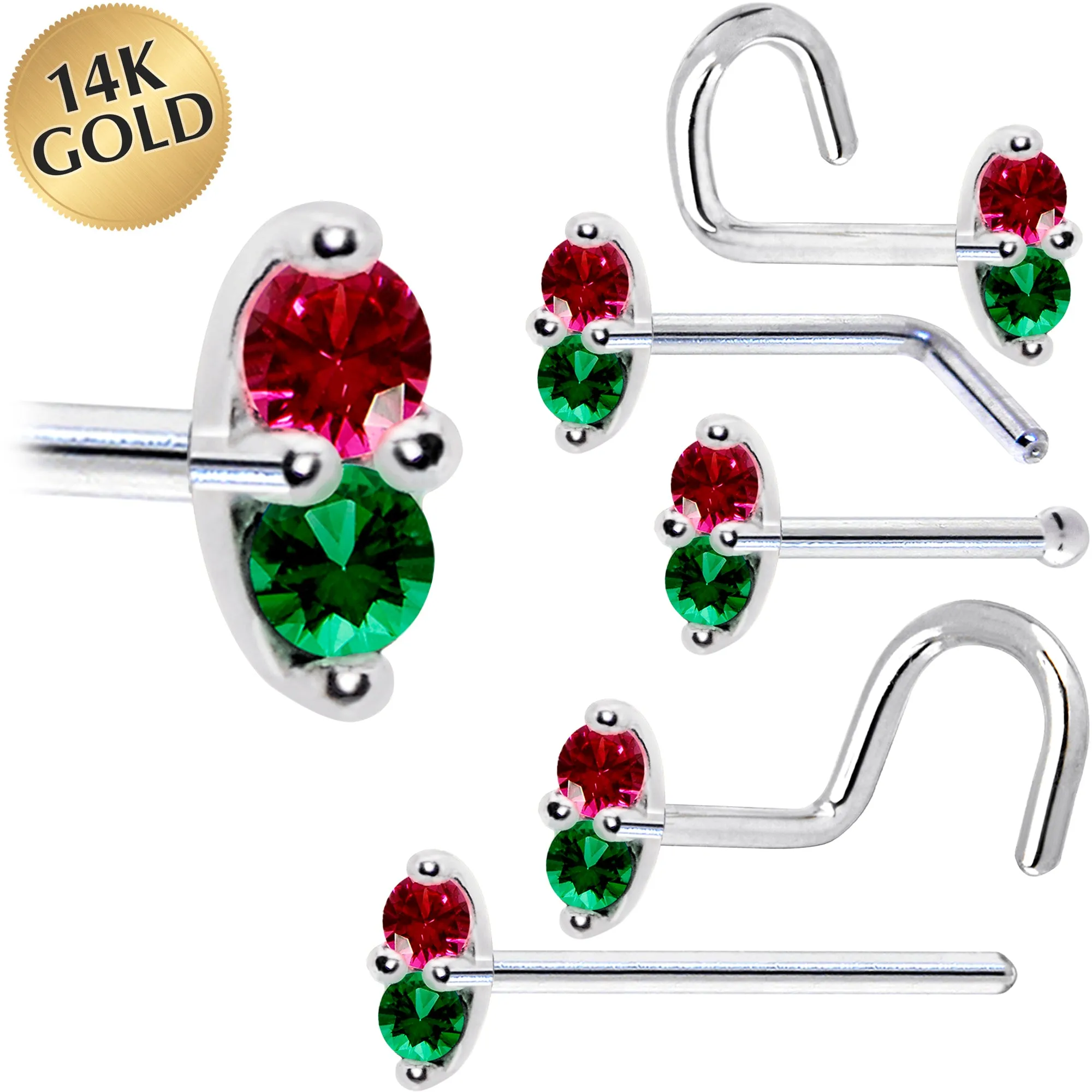 14kt White Gold Red Green 1.5mm CZ Marquise Nose Ring