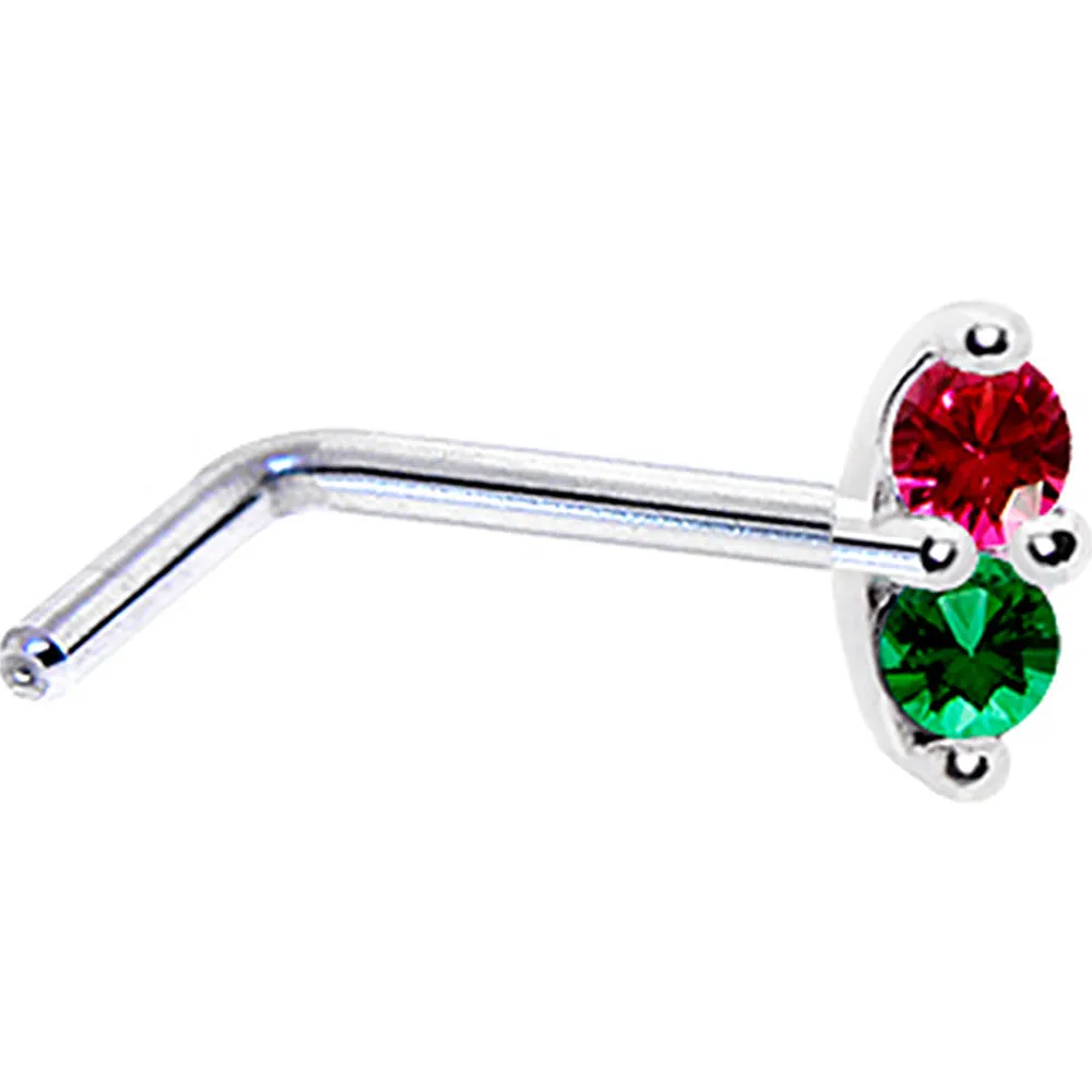 14kt White Gold Red Green 1.5mm CZ Marquise Nose Ring