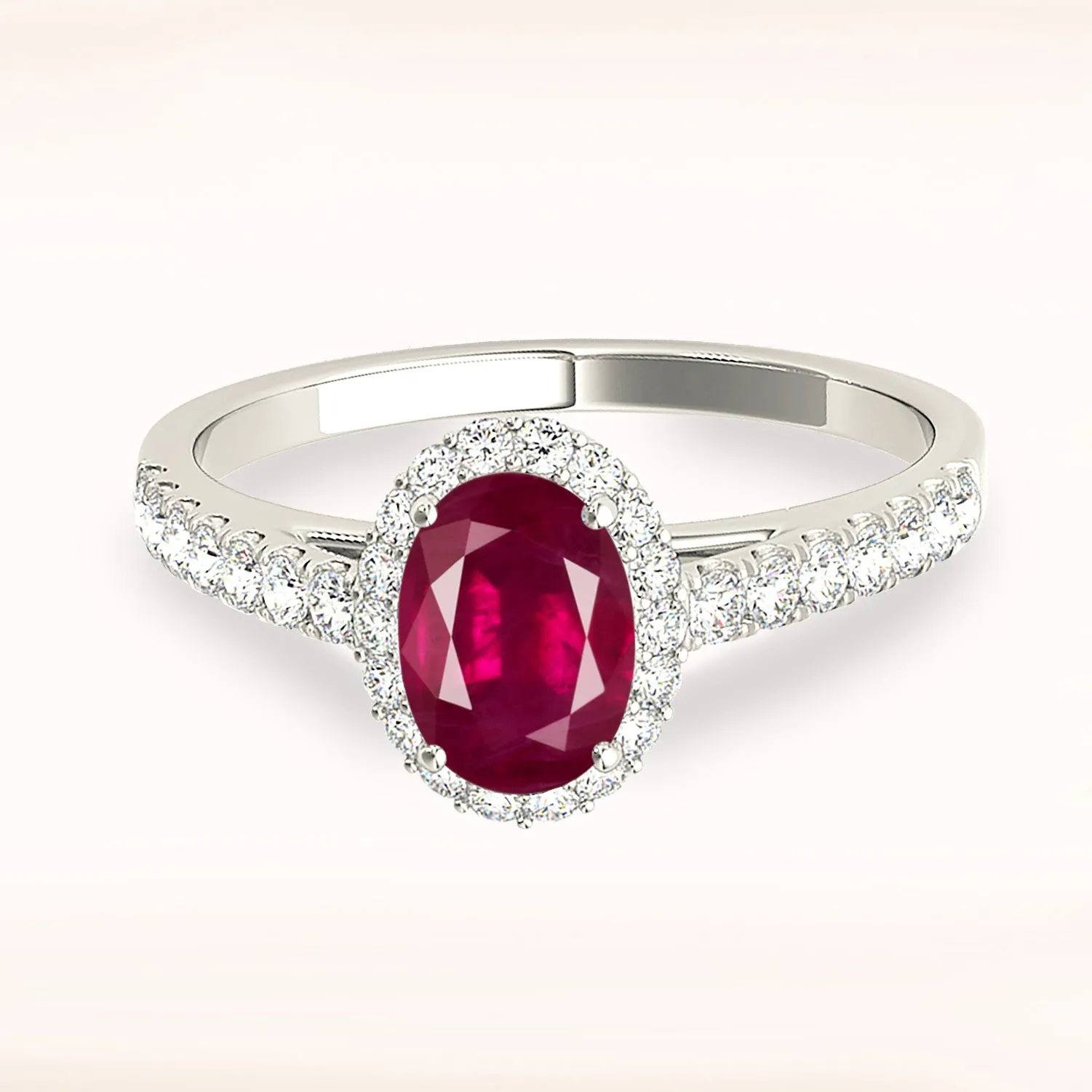 1.55 ct. Genuine Oval Ruby Ring With Halo And Delicate Diamond Band