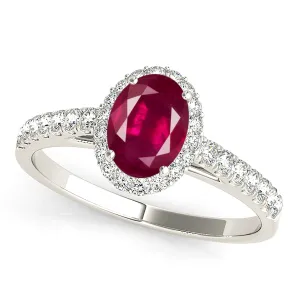 1.55 ct. Genuine Oval Ruby Ring With Halo And Delicate Diamond Band