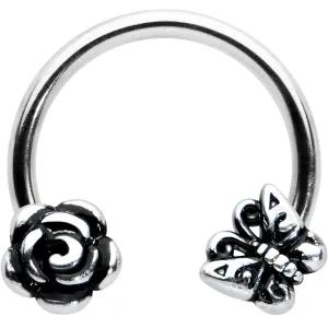 16 Gauge 3/8 Antiqued Butterfly Flower Horseshoe Circular Barbell