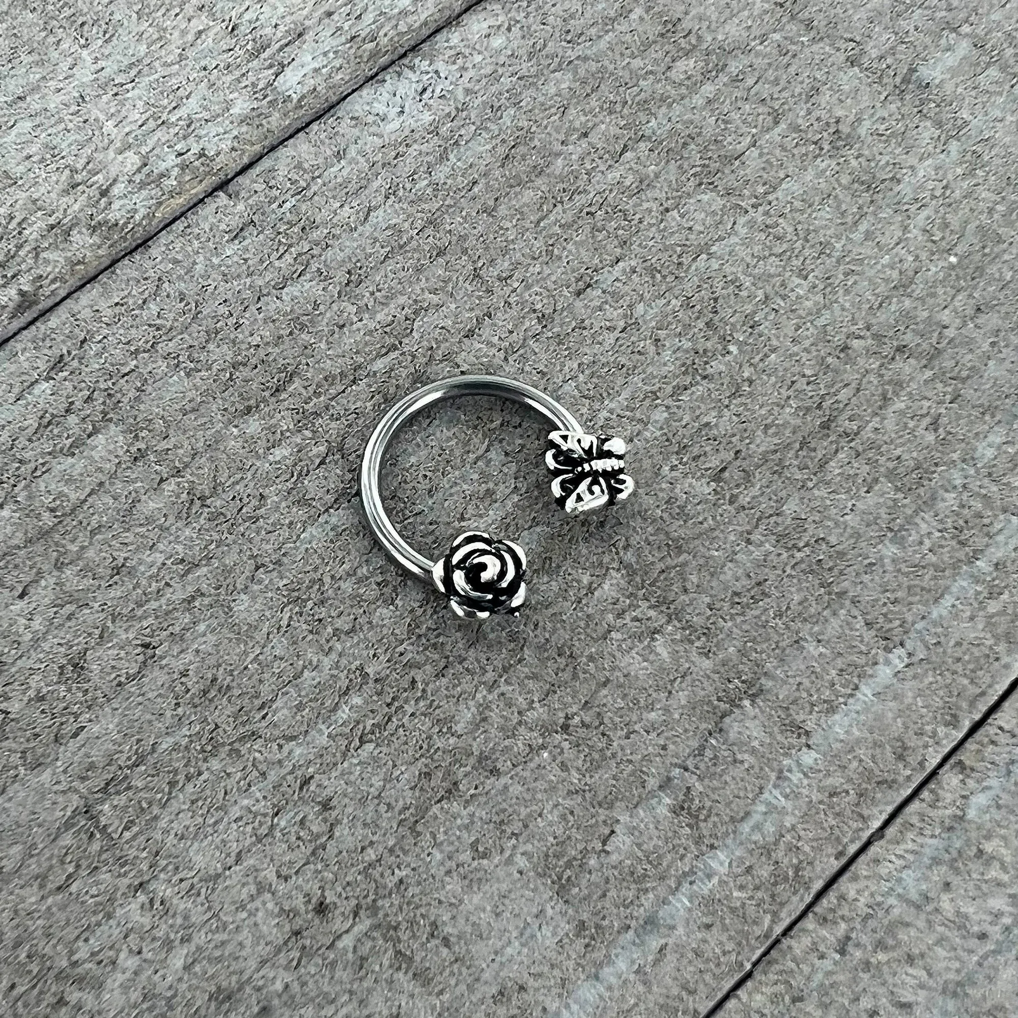 16 Gauge 3/8 Antiqued Butterfly Flower Horseshoe Circular Barbell
