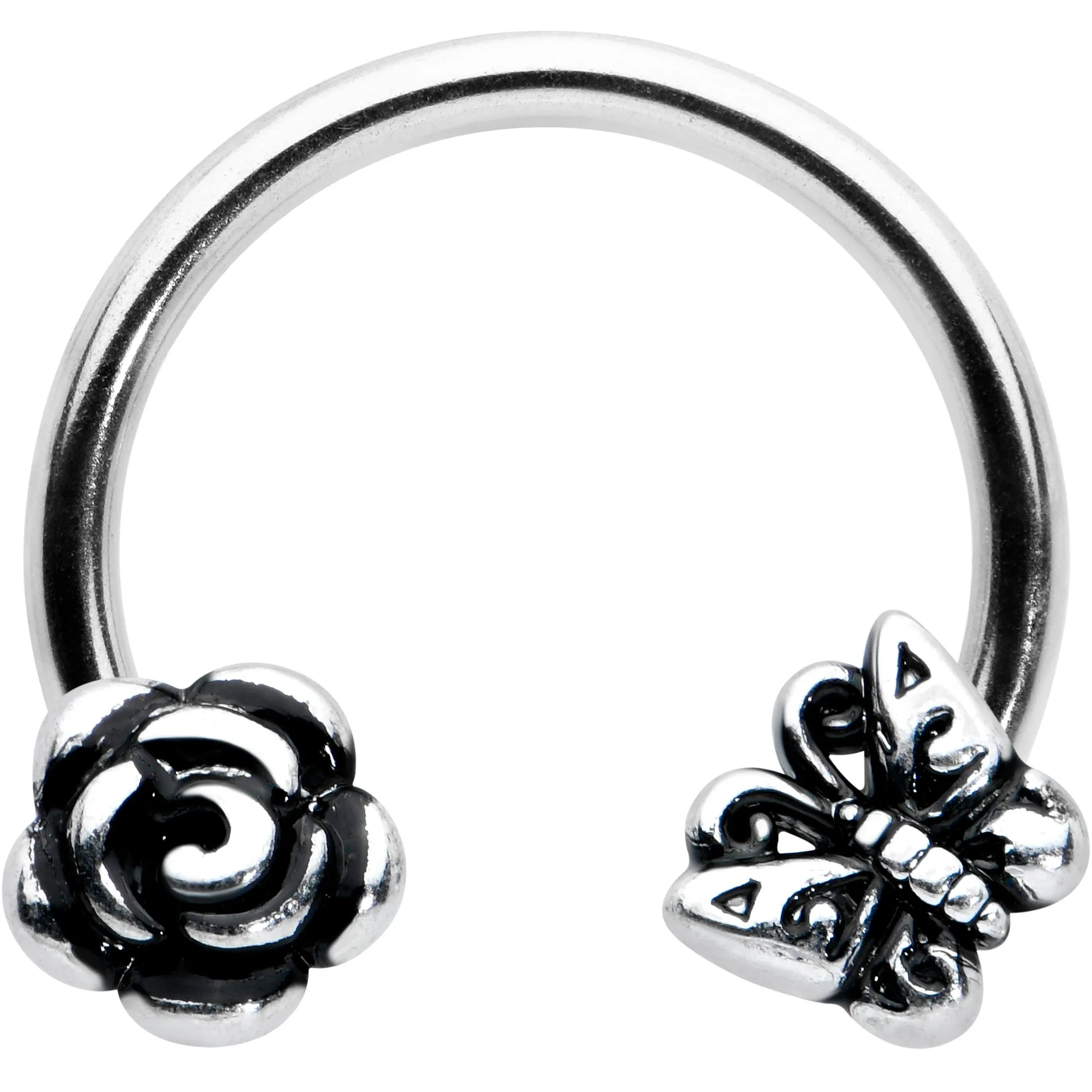 16 Gauge 3/8 Antiqued Butterfly Flower Horseshoe Circular Barbell