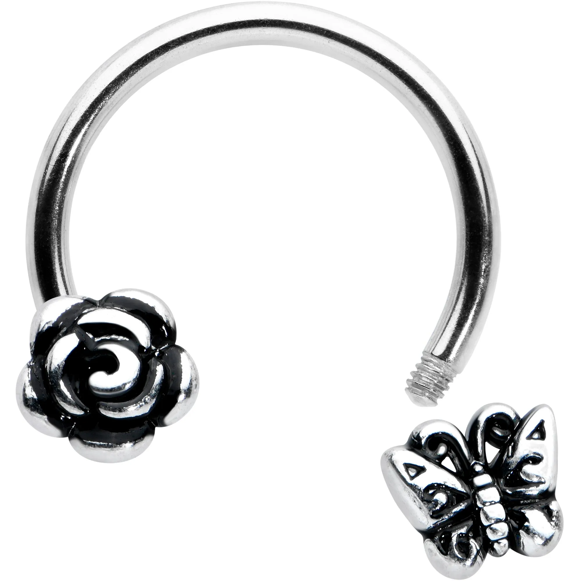 16 Gauge 3/8 Antiqued Butterfly Flower Horseshoe Circular Barbell