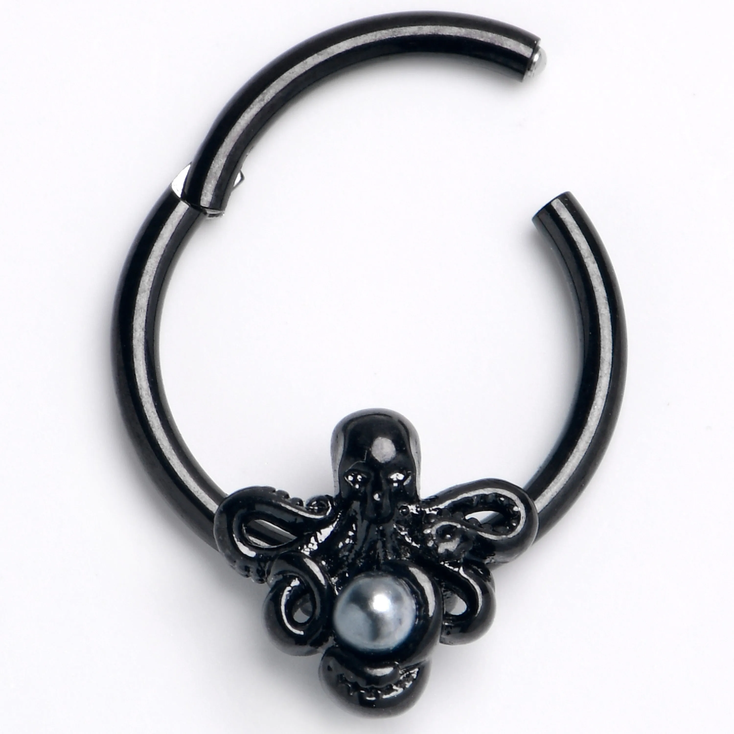 16 Gauge 3/8 Black  Faux Pearl Treasure Octopus Hinged Segment Ring