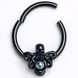16 Gauge 3/8 Black  Faux Pearl Treasure Octopus Hinged Segment Ring