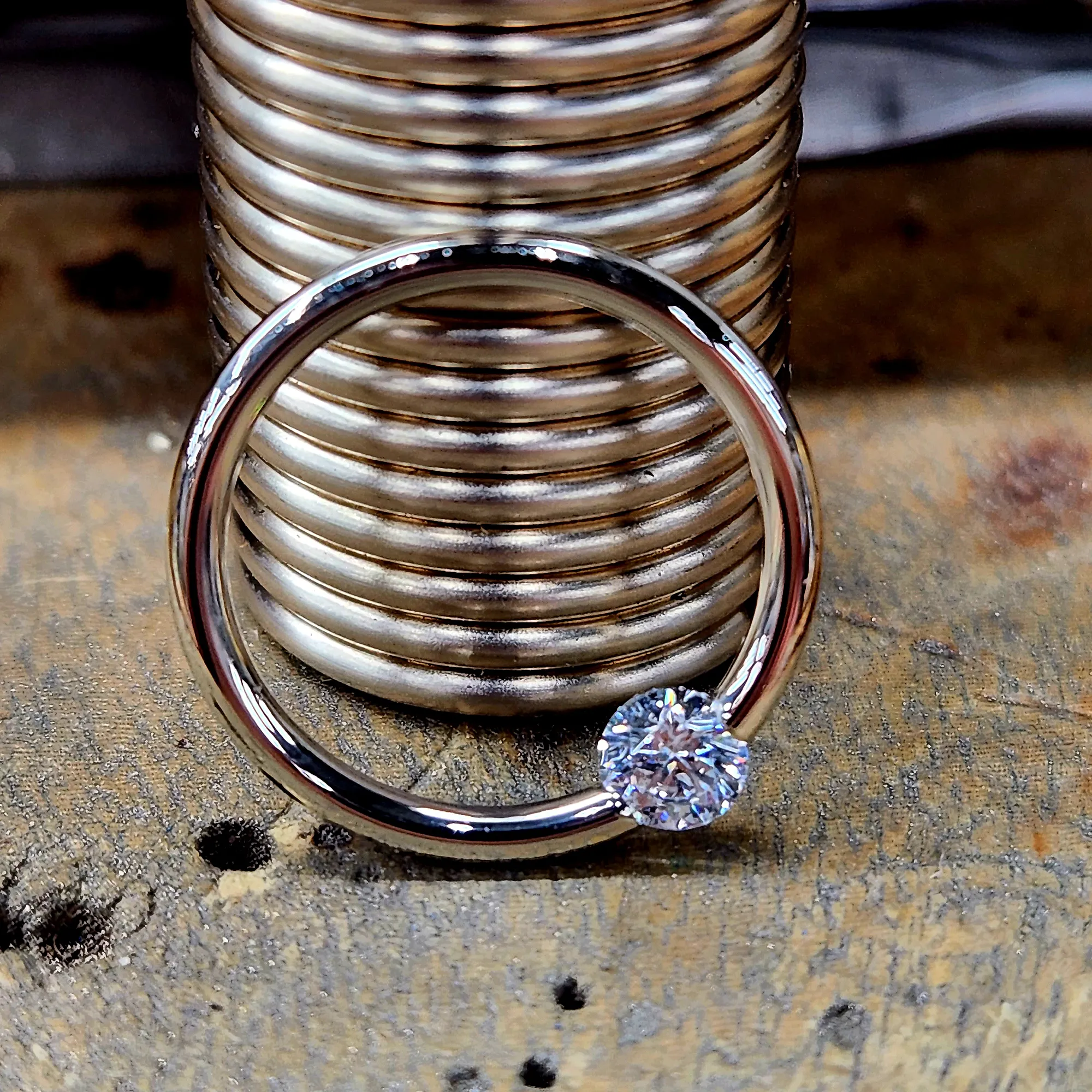 16 Gauge 3/8 Solid 14k Yellow Gold 3mm Clear Cubic Zirconia Tension Captive Ring