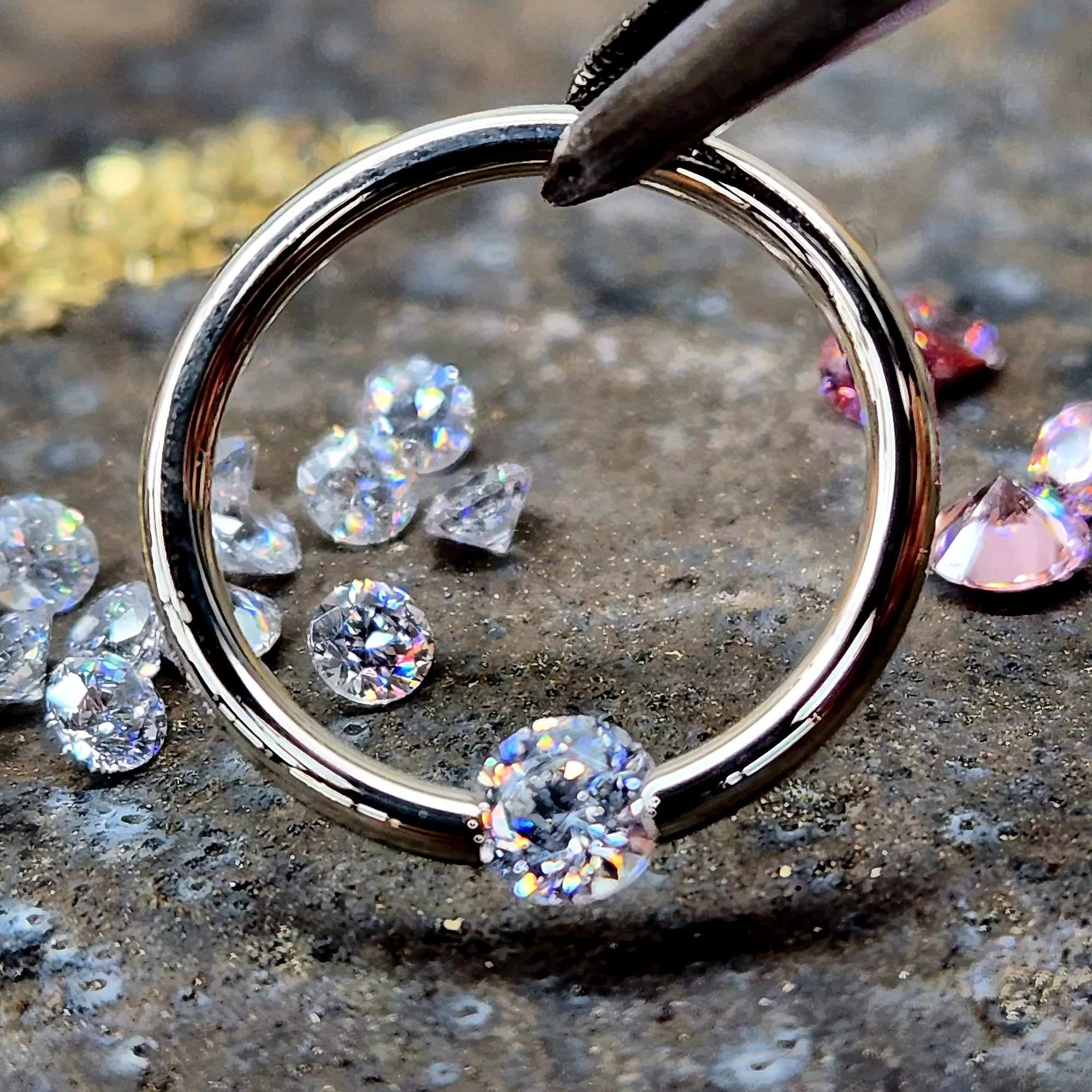 16 Gauge 3/8 Solid 14k Yellow Gold 3mm Clear Cubic Zirconia Tension Captive Ring