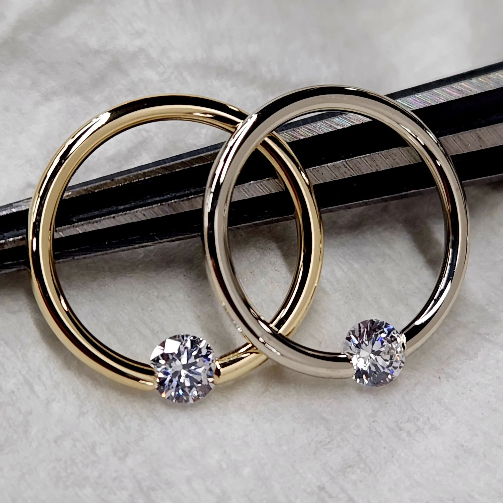 16 Gauge 3/8 Solid 14k Yellow Gold 3mm Clear Cubic Zirconia Tension Captive Ring