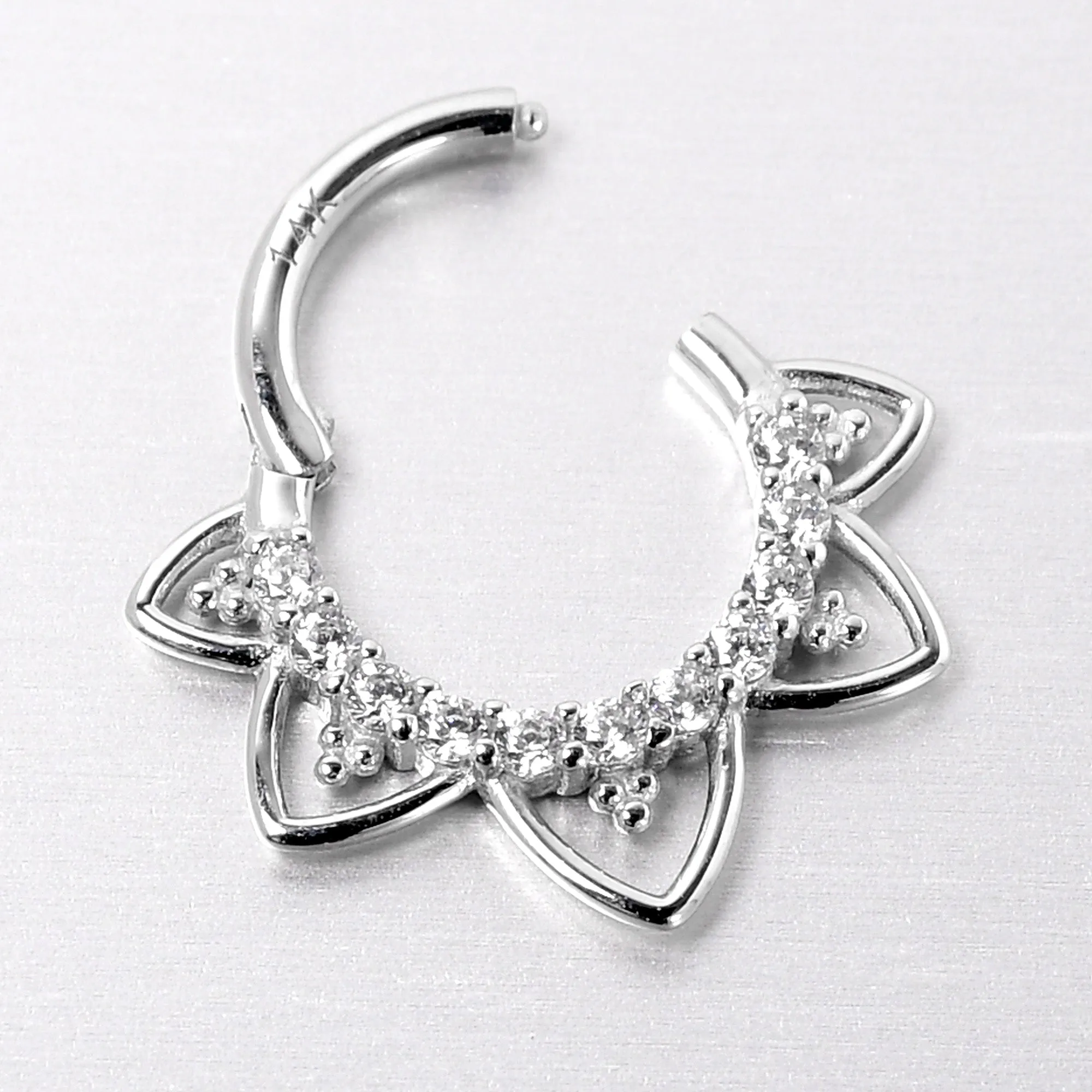 16 Gauge 5/16 Clear CZ Gem 14kt White Gold Filigree Hinged Segment Ring