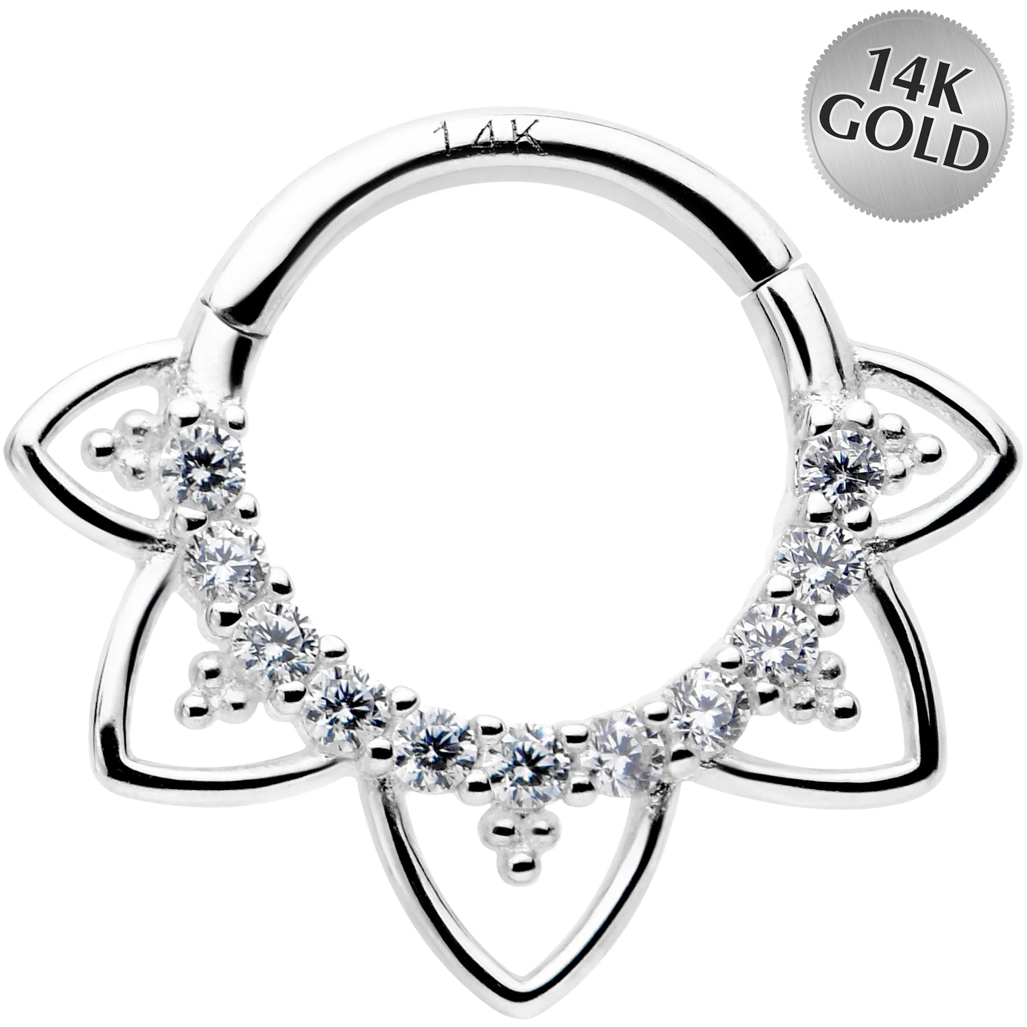 16 Gauge 5/16 Clear CZ Gem 14kt White Gold Filigree Hinged Segment Ring