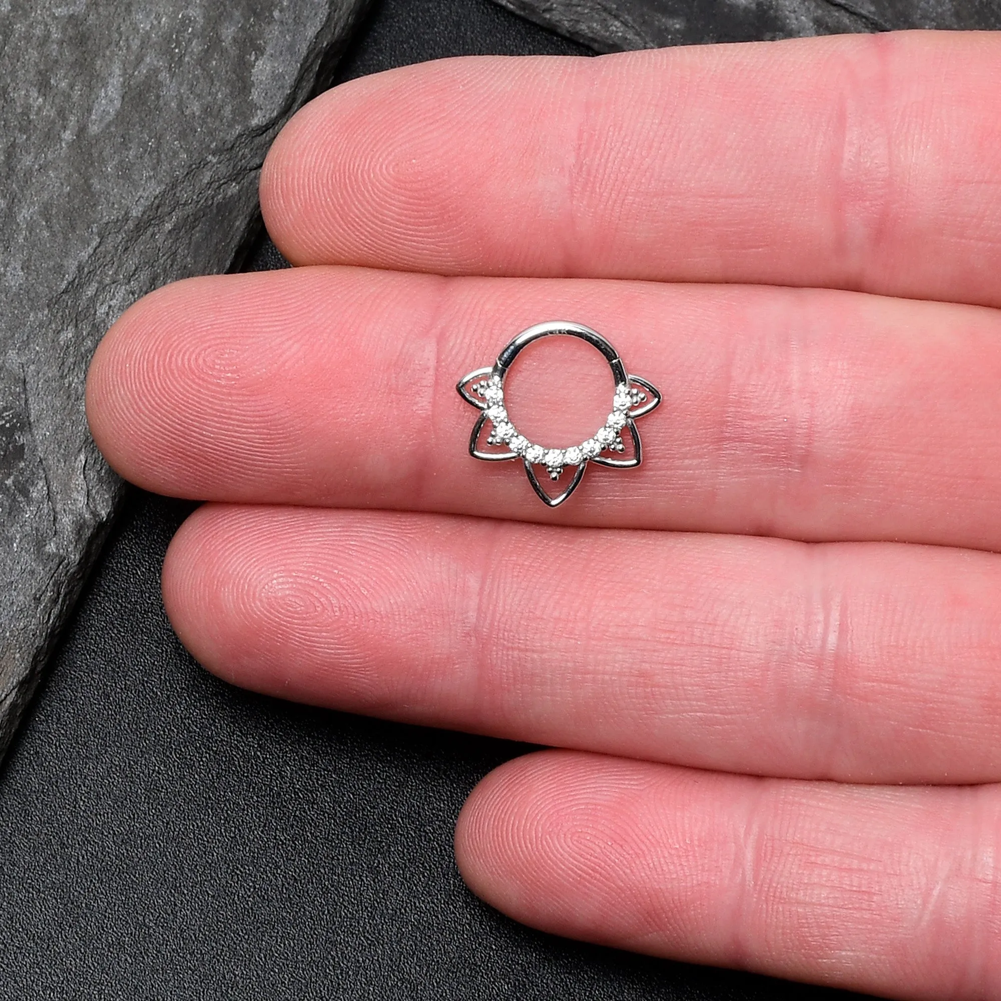 16 Gauge 5/16 Clear CZ Gem 14kt White Gold Filigree Hinged Segment Ring