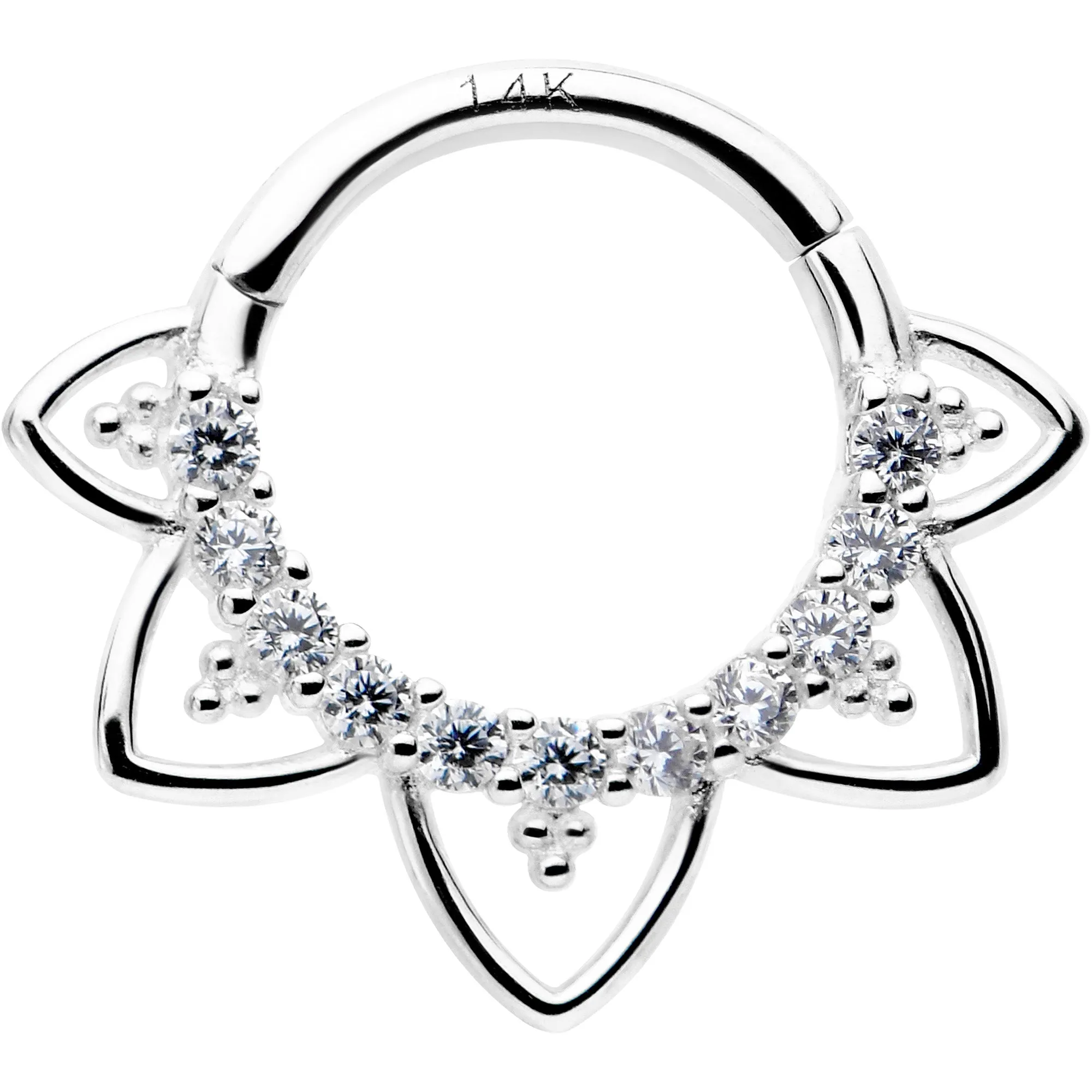 16 Gauge 5/16 Clear CZ Gem 14kt White Gold Filigree Hinged Segment Ring