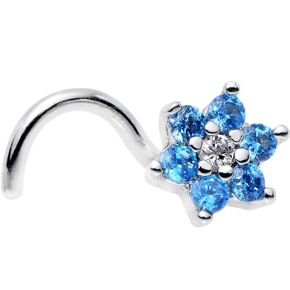 18 Gauge 1/4 Aqua Blue and Clear CZ Gem Flower Right Nose Screw