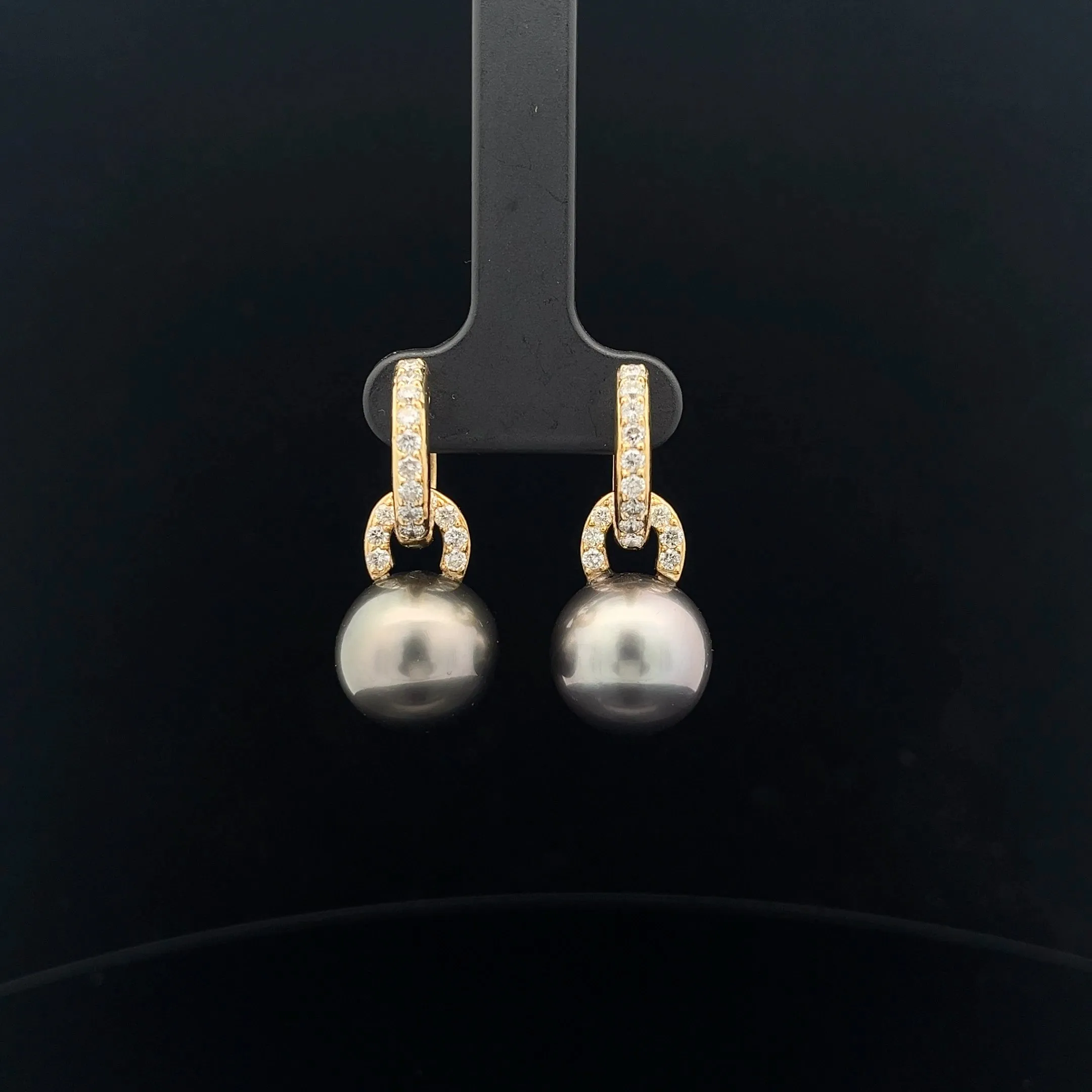 18k Yellow Gold 1.00ct F VS2 Round Diamond and Tahitian 13mm Pearl Earrings