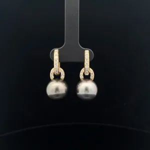 18k Yellow Gold 1.00ct F VS2 Round Diamond and Tahitian 13mm Pearl Earrings
