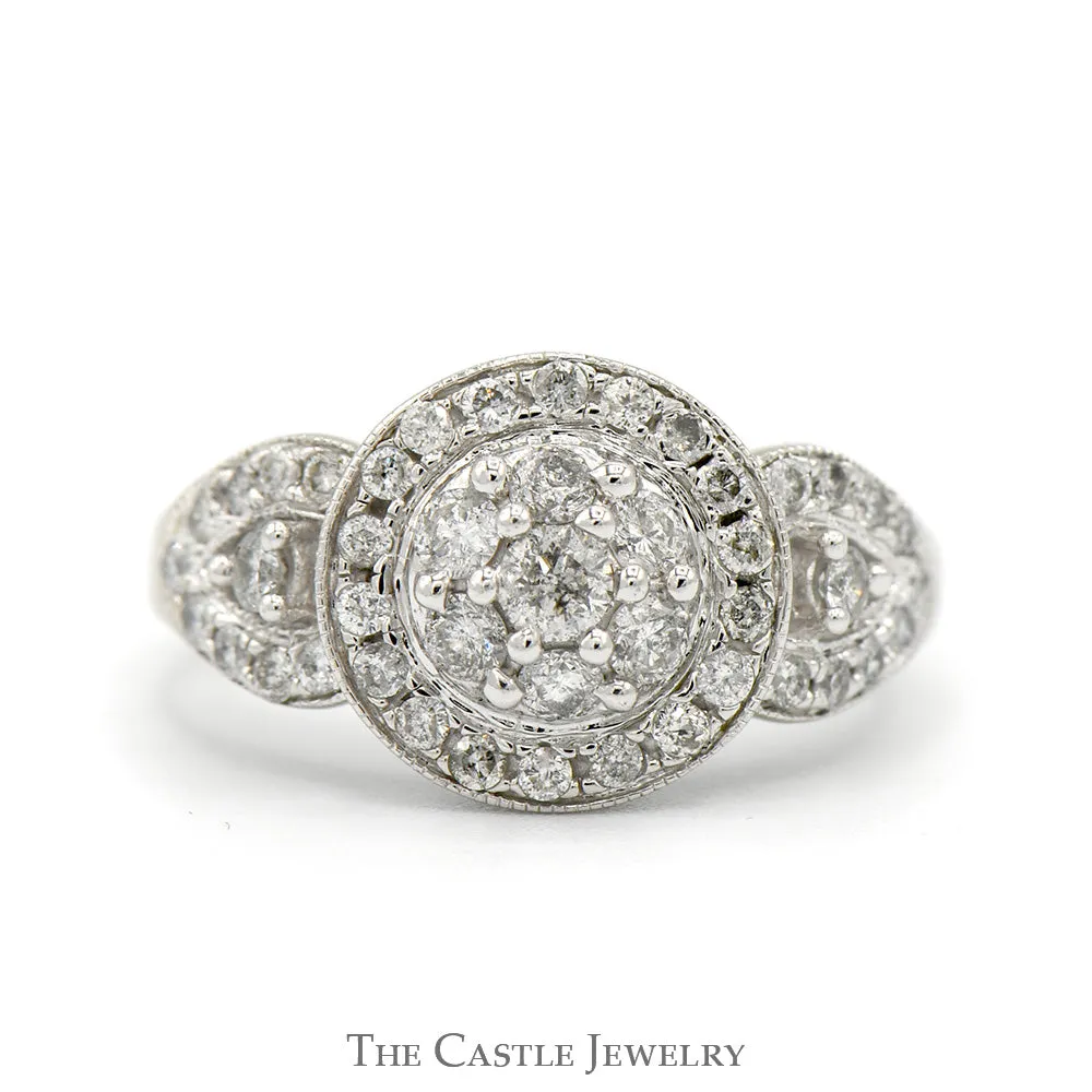 1cttw Round Diamond Cluster Ring with Diamond Bezel and Accented Split Shank Sides in 10k White Gold