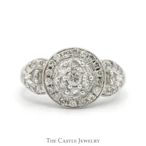 1cttw Round Diamond Cluster Ring with Diamond Bezel and Accented Split Shank Sides in 10k White Gold