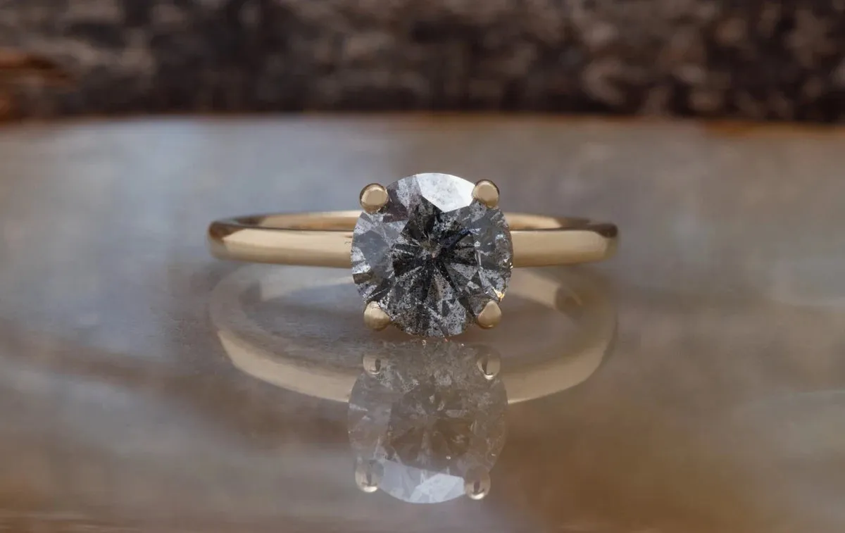 2 ct Salt and Pepper solitaire diamond engagement ring - 14k 18K Yellow Gold