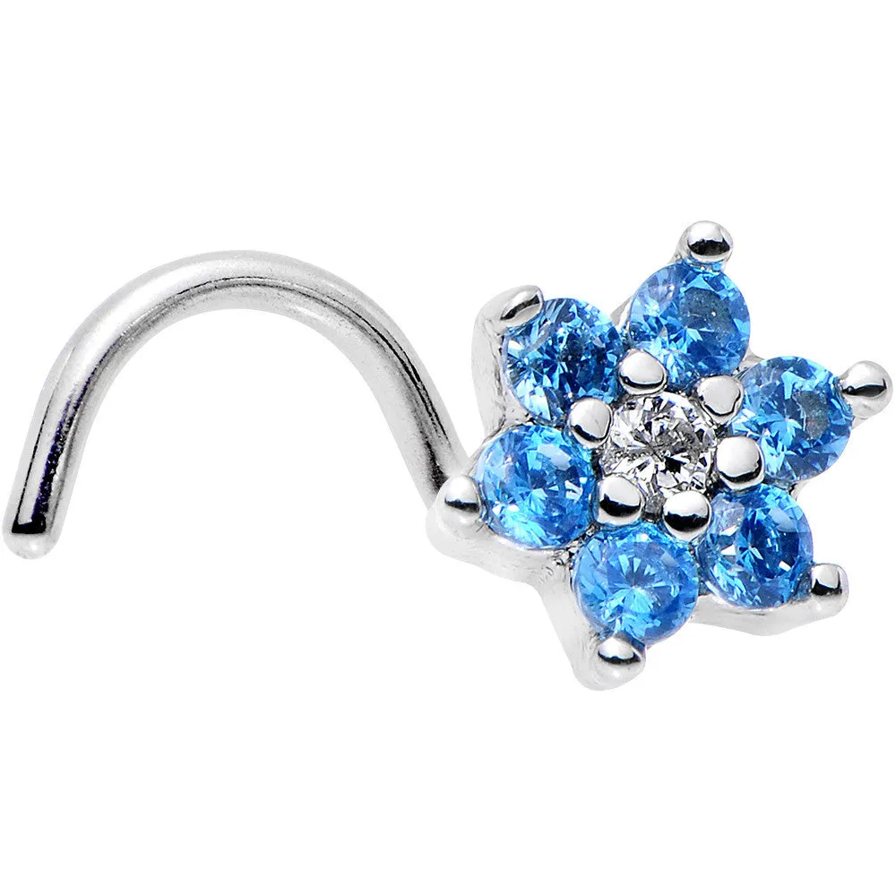 20 Gauge 1/4 Aqua Blue and Clear CZ Gem Flower Right Nose Screw
