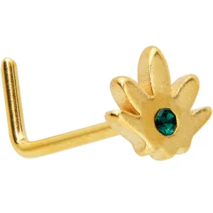 20 Gauge 1/4 Green CZ Gem Gold Tone Simple Pot Leaf L Shape Nose Ring