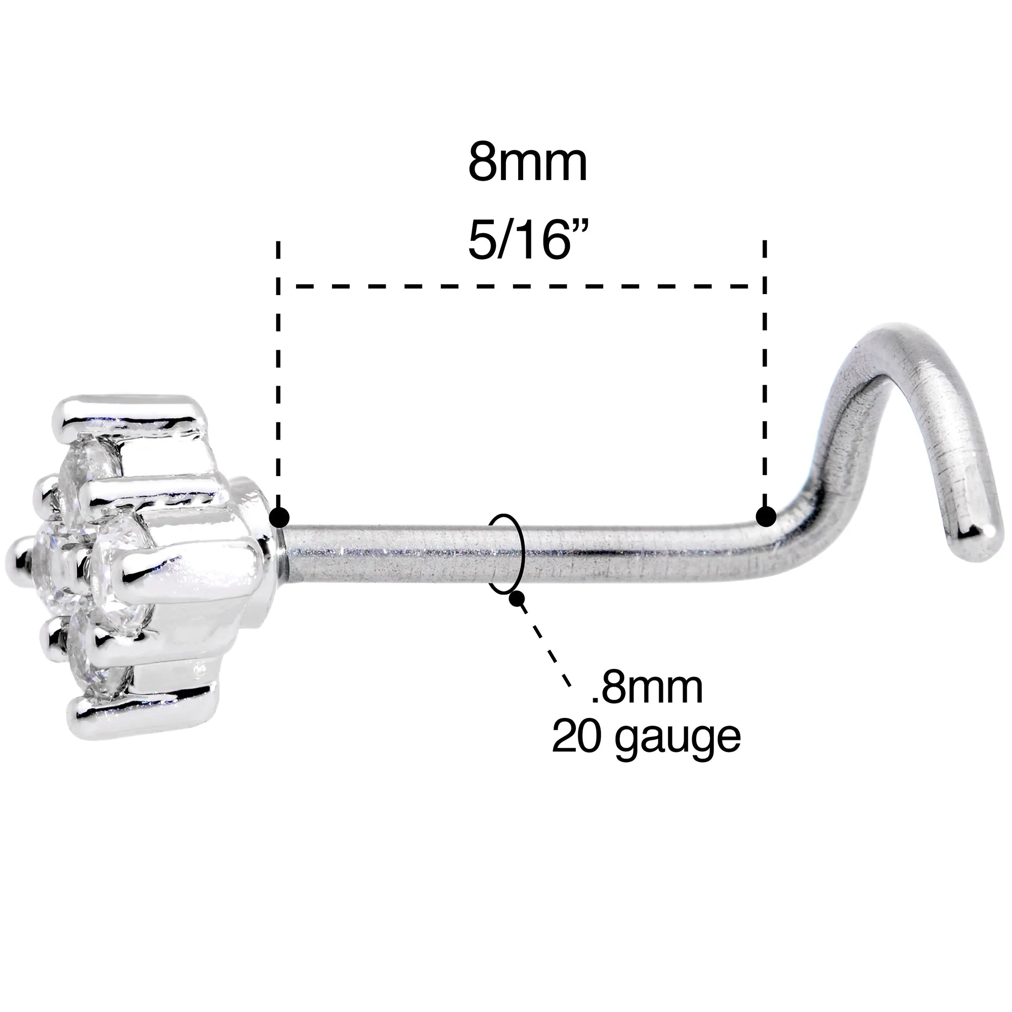 20 Gauge 5/16 Clear CZ Gem Princess Nose Screw