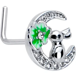 20 Gauge 7mm Clear CZ Gem Rabbit On The Moon Green L Shape Nose Ring