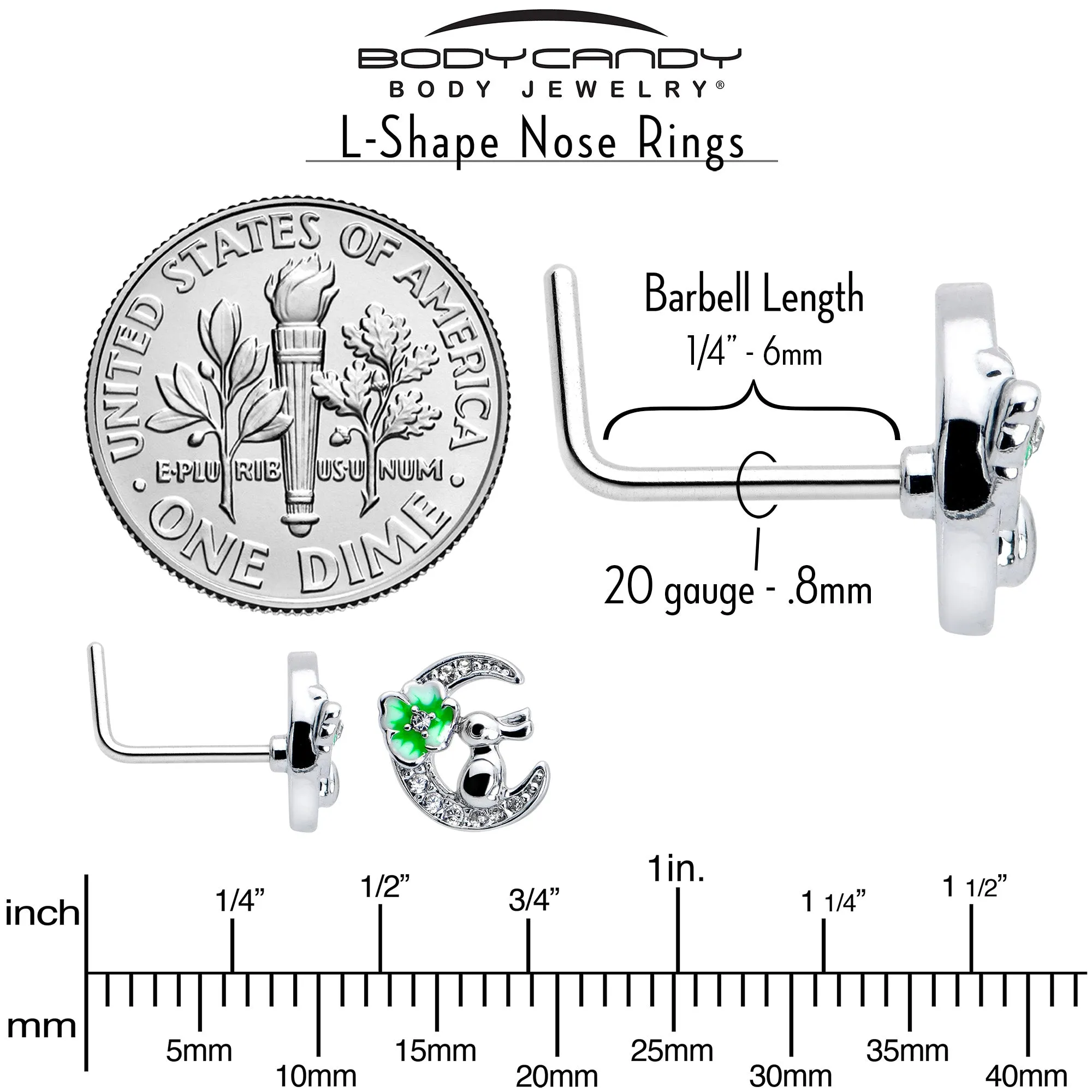 20 Gauge 7mm Clear CZ Gem Rabbit On The Moon Green L Shape Nose Ring