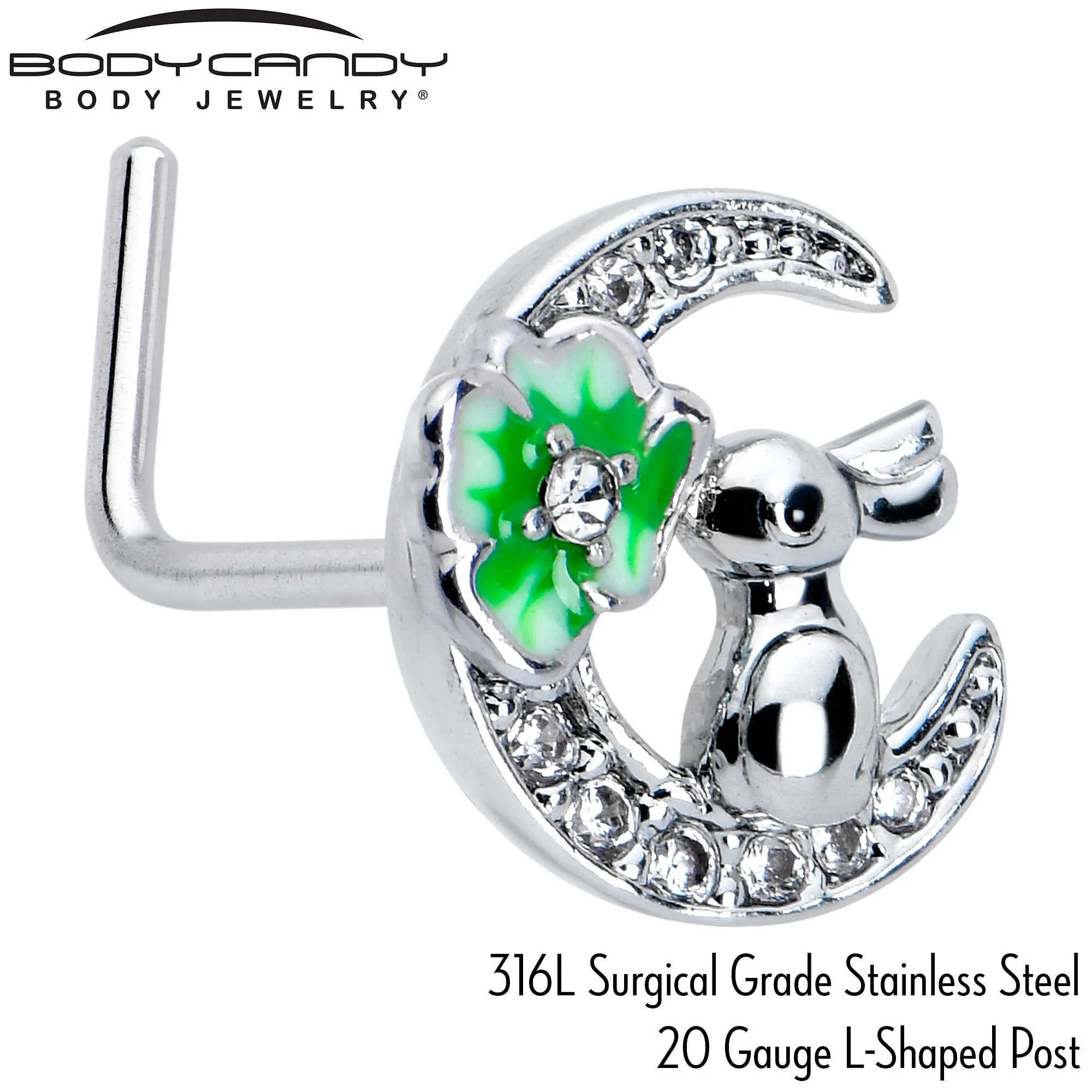 20 Gauge 7mm Clear CZ Gem Rabbit On The Moon Green L Shape Nose Ring