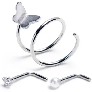 20 Gauge Clear Gem Spiral Butterfly L Shape Nose Ring Set of 3