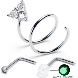 20 Gauge Clear Gem Spiral Glow In Dark L Shape Nose Ring Set of 3
