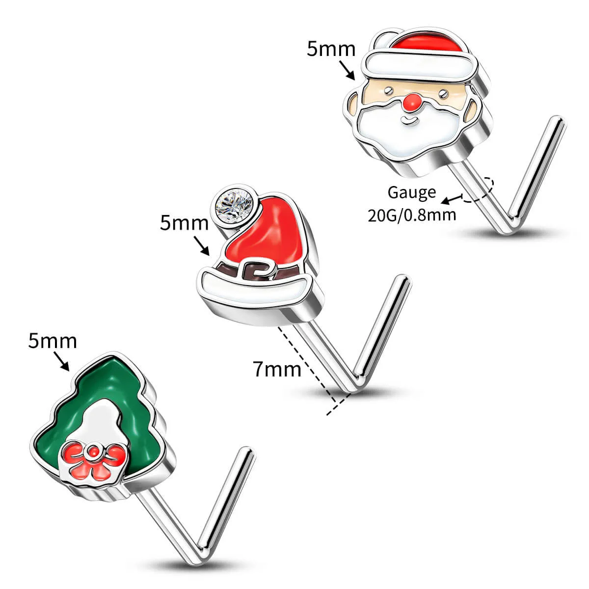 20G 3PCS L-Shaped Christmas Santa/Tree/Santa Hat Nose Studs Pack