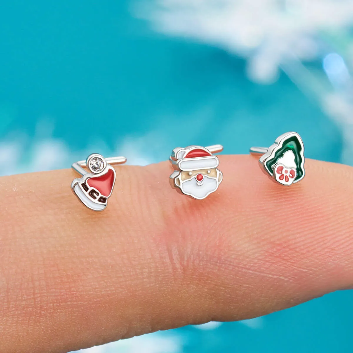 20G 3PCS L-Shaped Christmas Santa/Tree/Santa Hat Nose Studs Pack