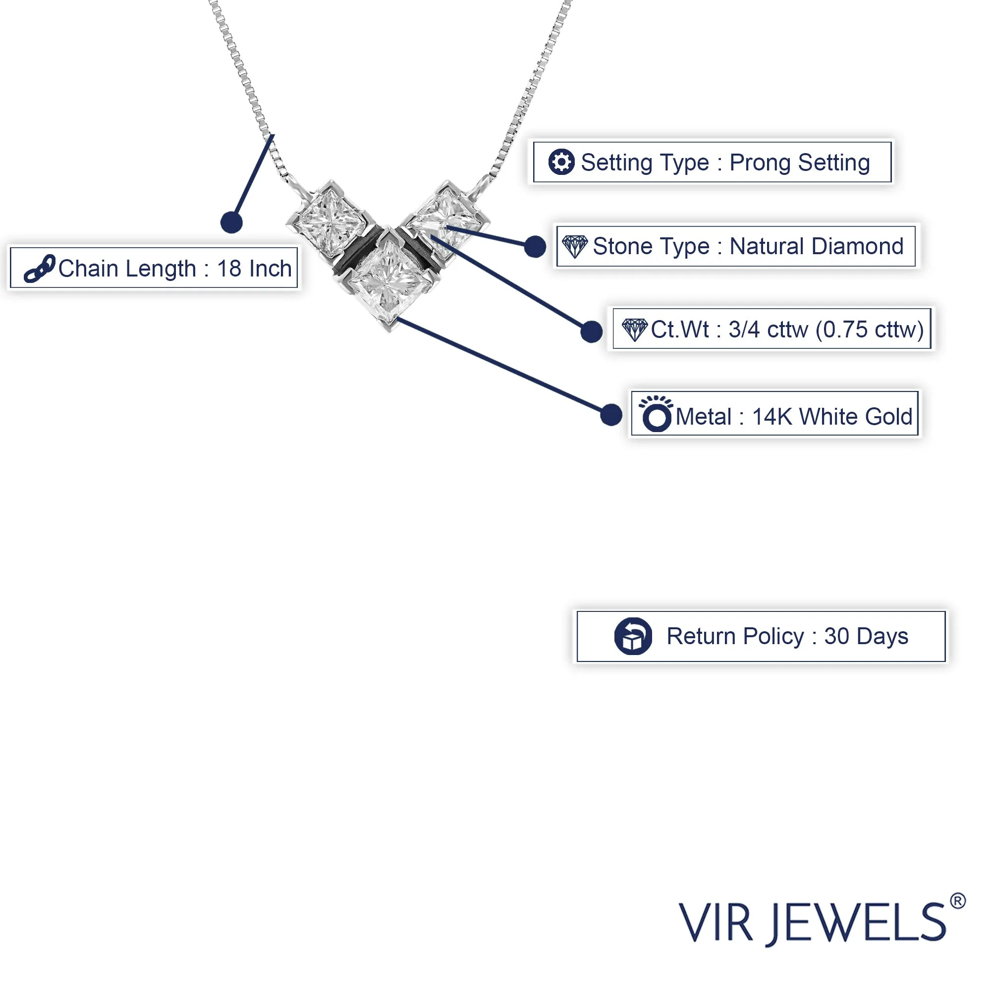 3/4 cttw Princess Cut Diamond Pendant Necklace in 14K White Gold