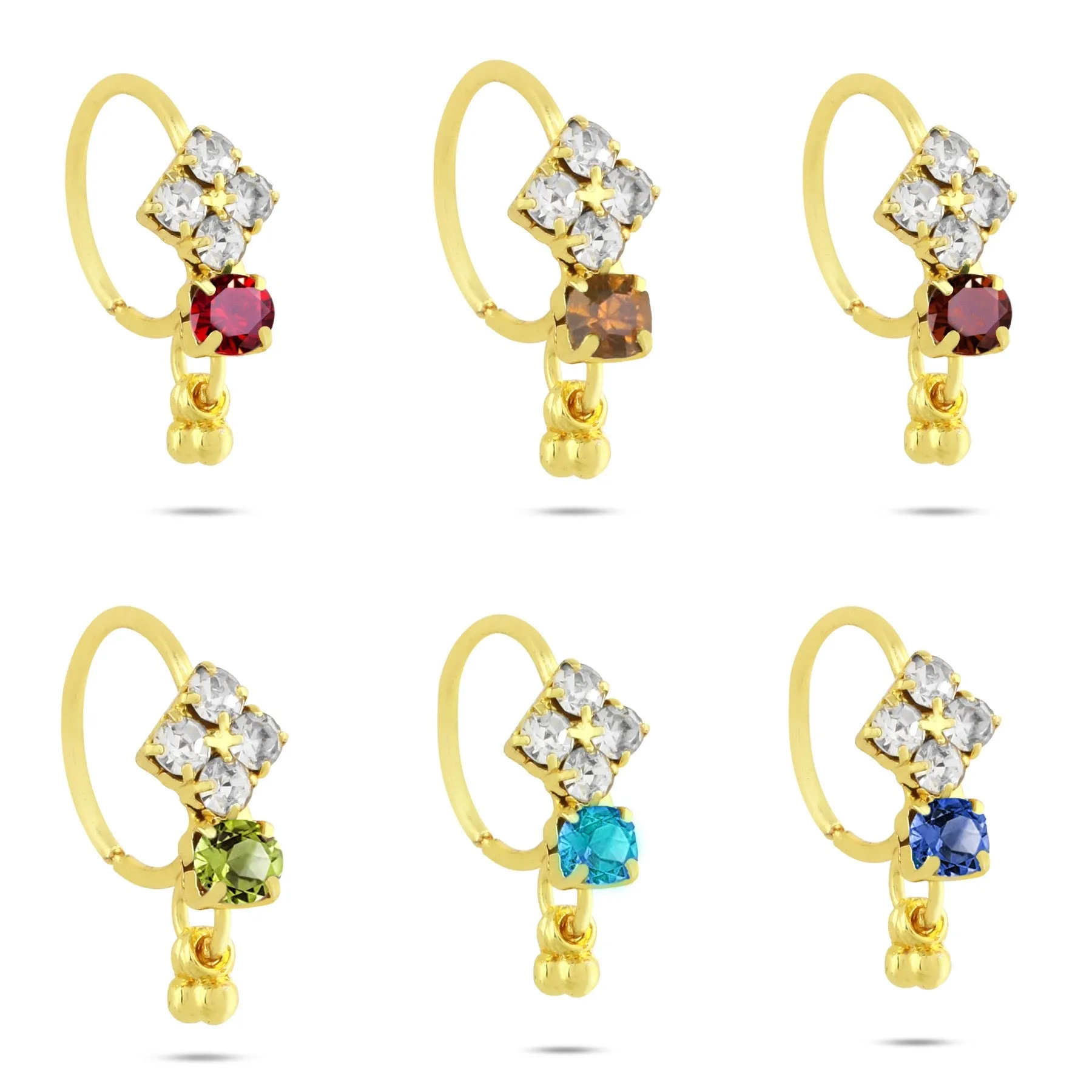 4 Diamonds Colored Stone, with Dangling End Hoop Nose Ring