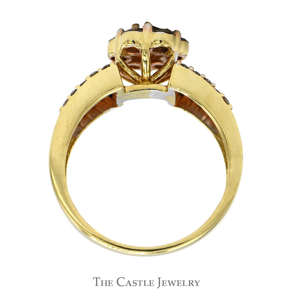 7 Round Champaign Diamond Cluster Ring with Diamond Accented Sides in 10k Yellow Gold