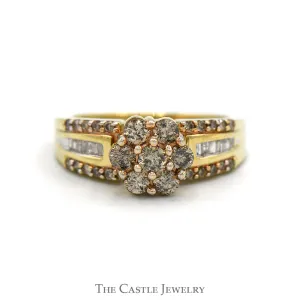 7 Round Champaign Diamond Cluster Ring with Diamond Accented Sides in 10k Yellow Gold