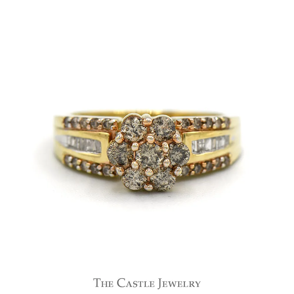 7 Round Champaign Diamond Cluster Ring with Diamond Accented Sides in 10k Yellow Gold