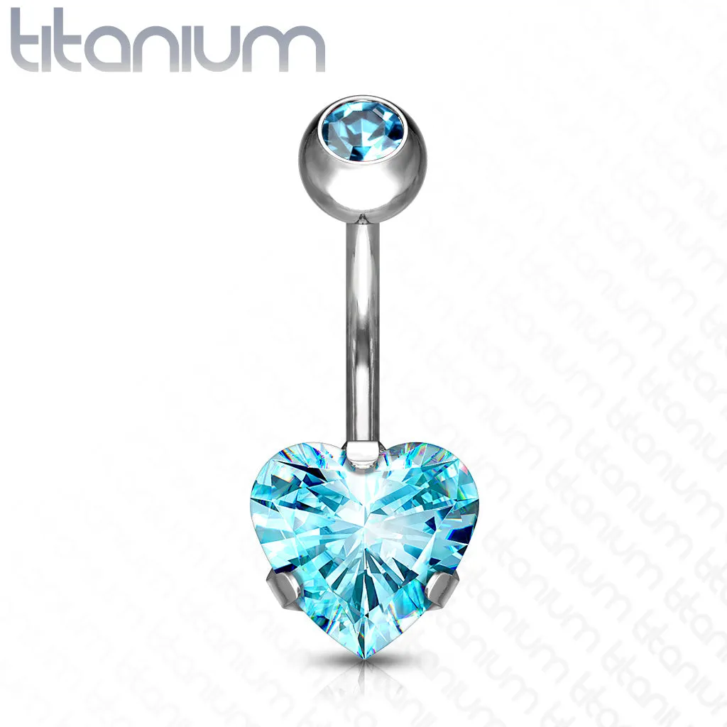 8 mm Prong Set Heart CZ Implant Grade Solid Titanium Belly Button Rings