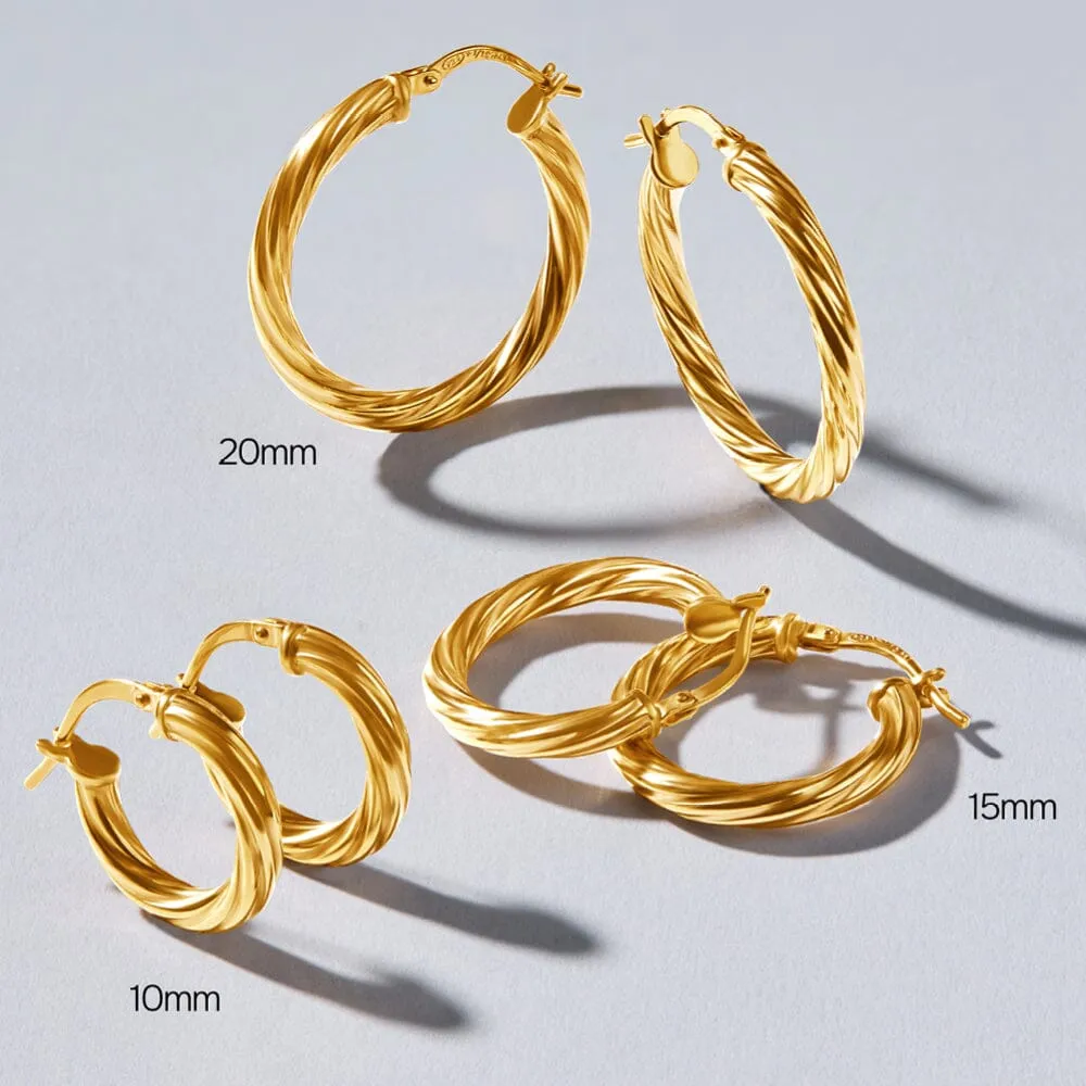 9ct Yellow Gold Silver Infused Twist Hoop Earrings 15mm